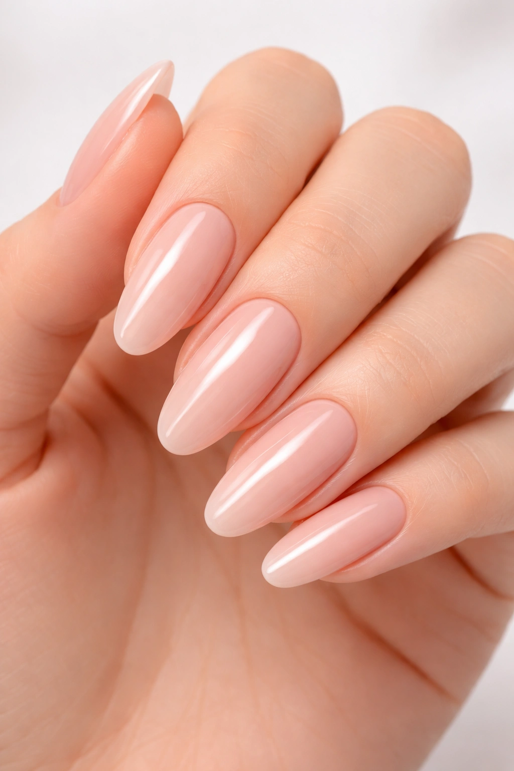 Close-up of long oval nails in barely-there nude pink with glossy finish