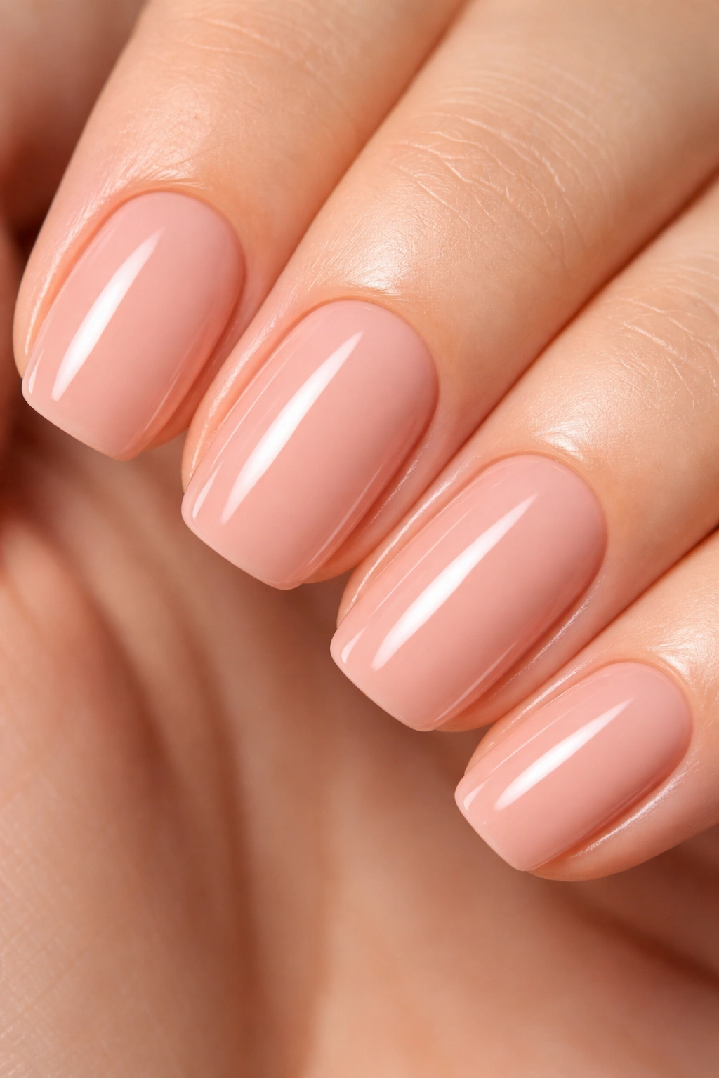 Nude pink nails with glossy top coat and high shine