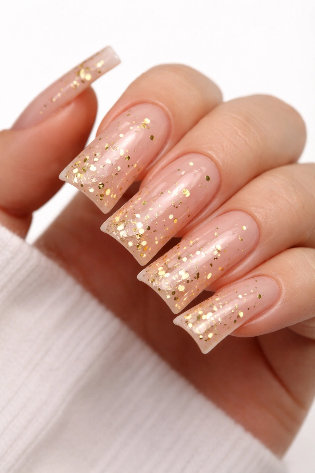 Close-up of nude pink duck nails with gold confetti accents