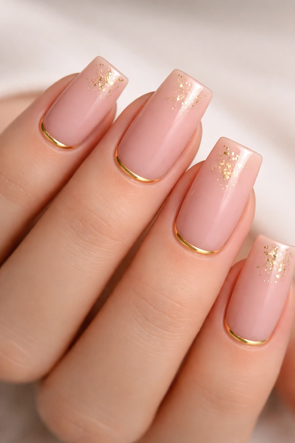 Close-up of nude pink square nails with gold accents on a hand