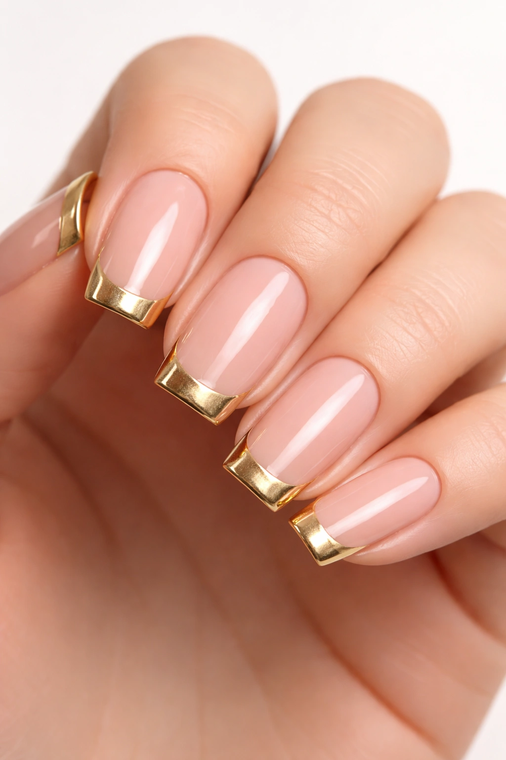 Close-up of nails with nude pink base and gold French tips.