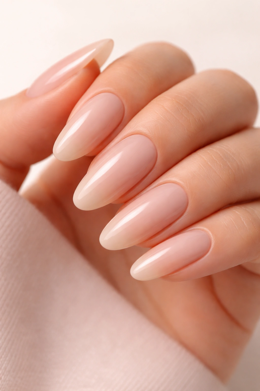 Close-up of long oval nails in creamy nude-pink with barely-there gradient