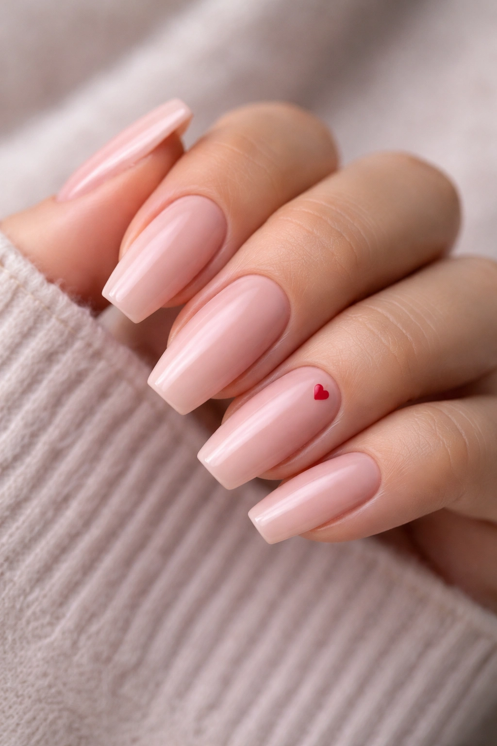 Nude pink nails with a tiny heart accent on one finger