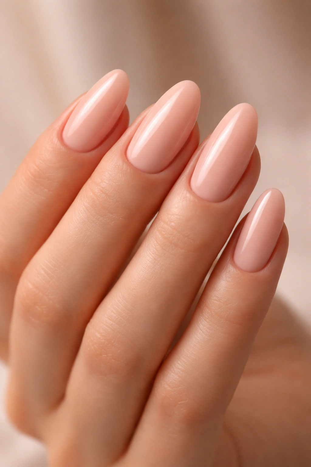 Close-up of nude pink nails with warm beige-pink polish on a hand