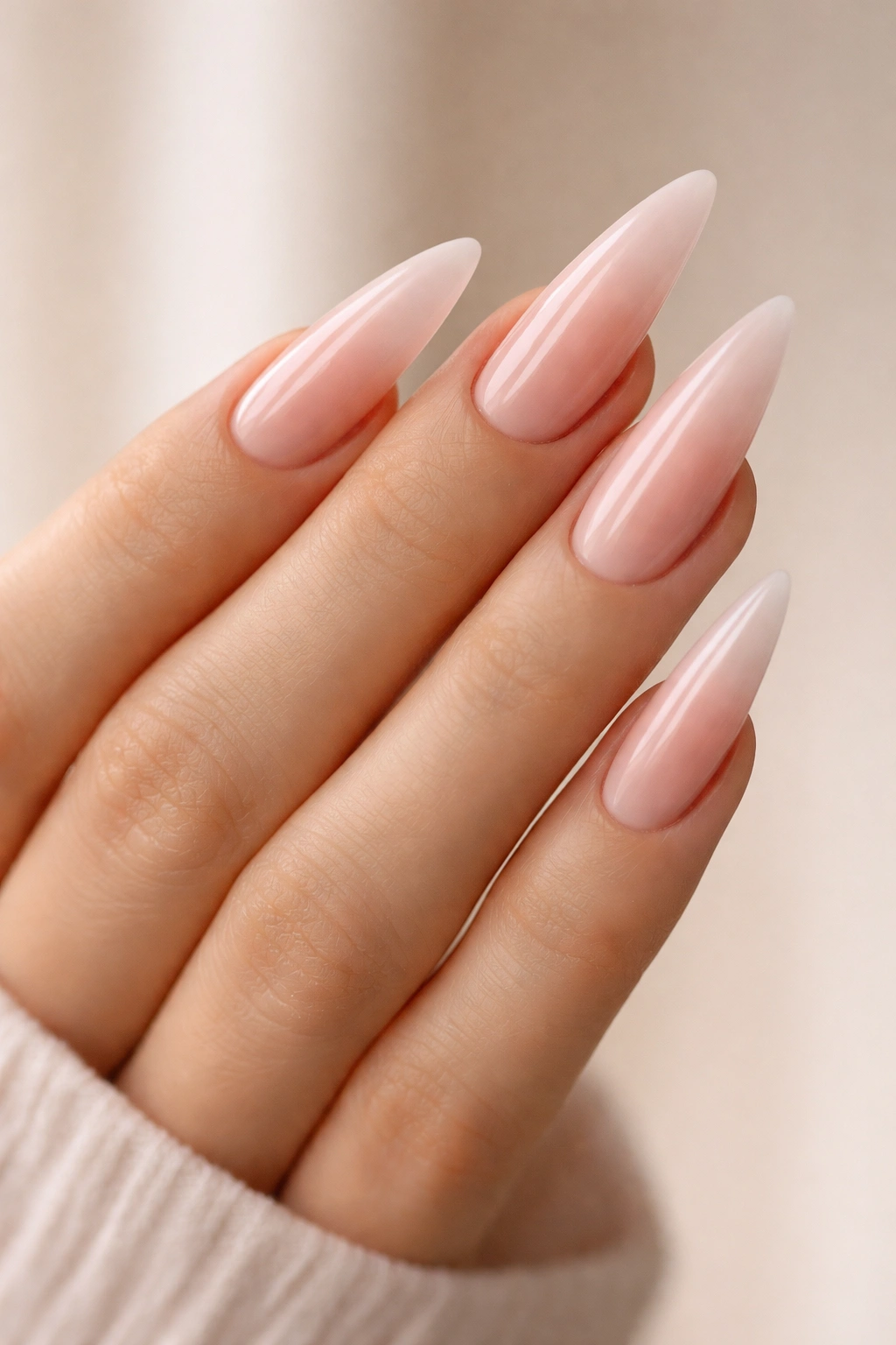 Close-up of nude pink ombre stiletto nails with sheer to pink gradient on elongated nails.