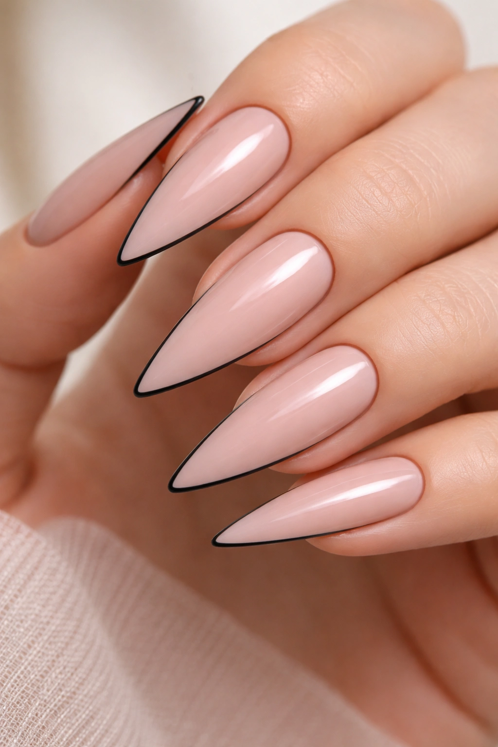 Close-up of nude-pink nails with black outline around nail edge