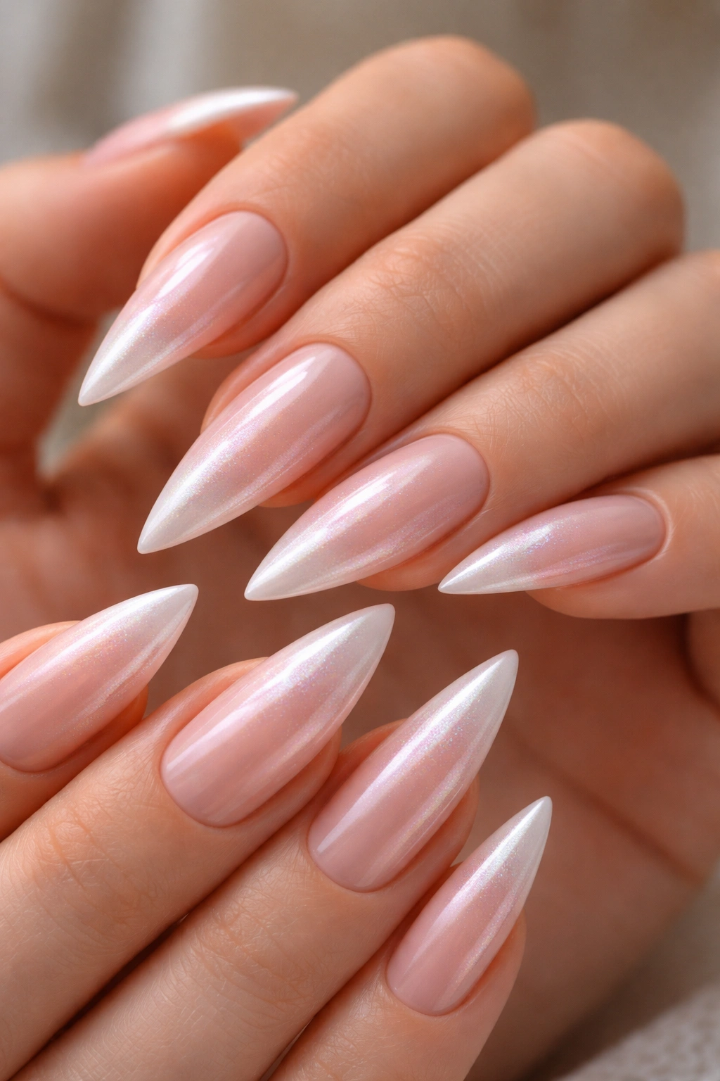 Close-up of nude pink stiletto nails with pearl shimmer