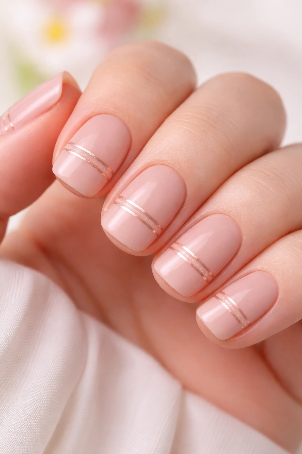 Close-up of short squoval nails with nude-pink base and fine rose gold stripes