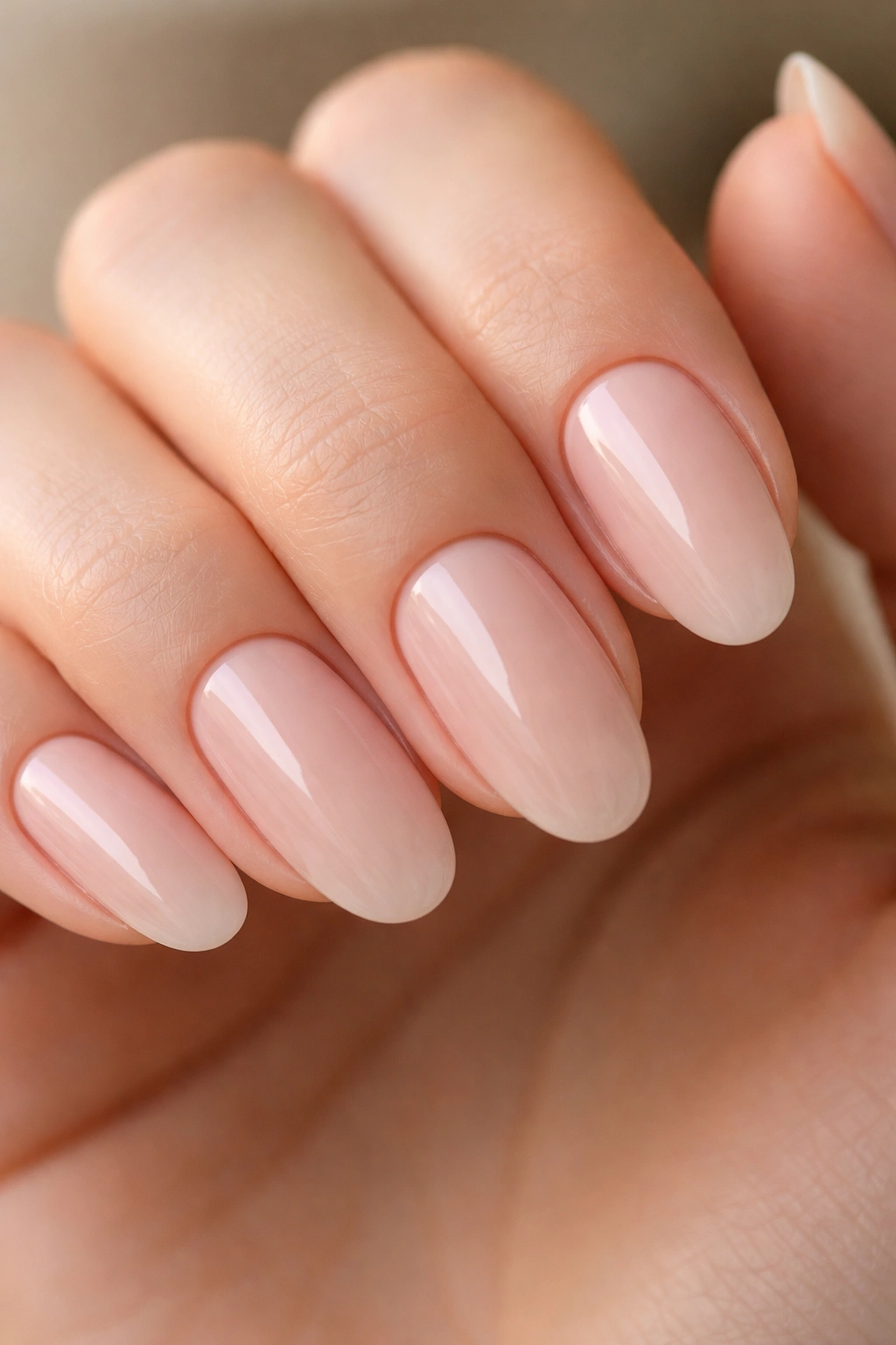Close-up of long oval nails showing rounded cuticle lines in nude pink