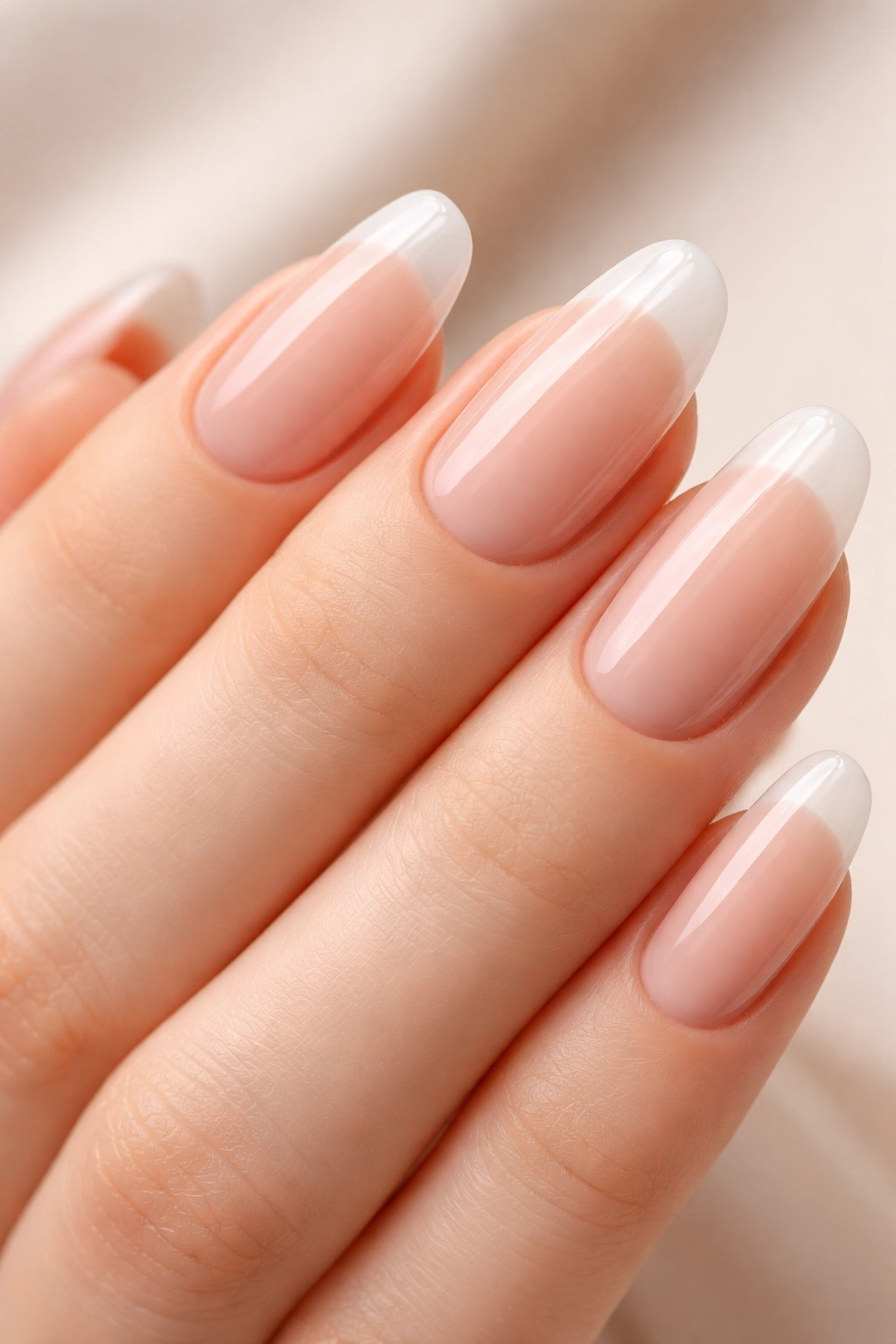 Close-up of nude pink nails with translucent white tips