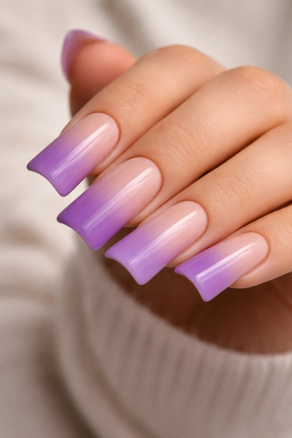 Close-up of nude and purple duck nails with ombré blend