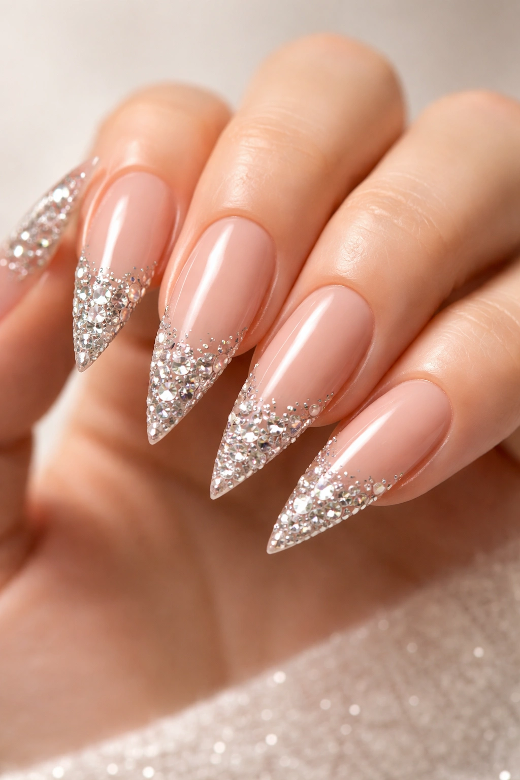 Close-up of nude base with rhinestone tips on stiletto nails