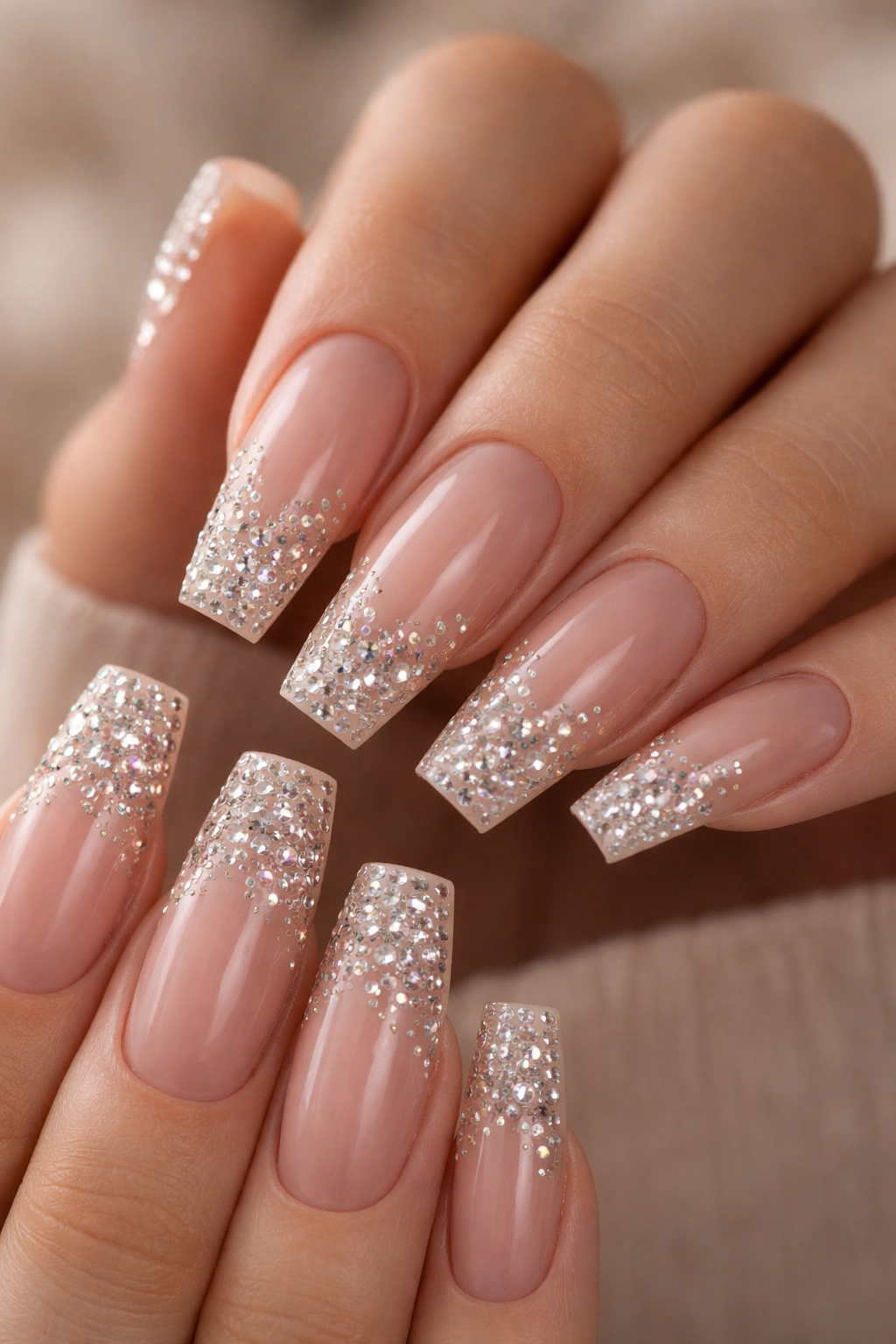Close-up of nude coffin nails with rhinestones arranged in gradient patterns on a neutral background