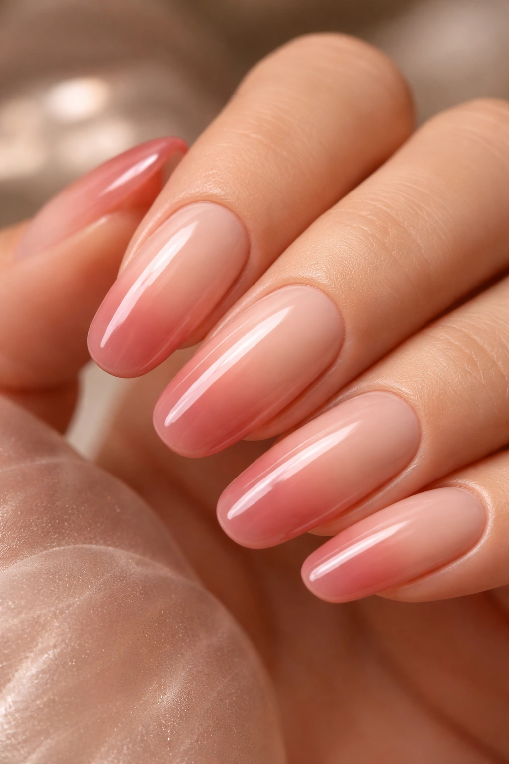 Close-up of long round acrylic nails with nude bed and rose tips two-tone design