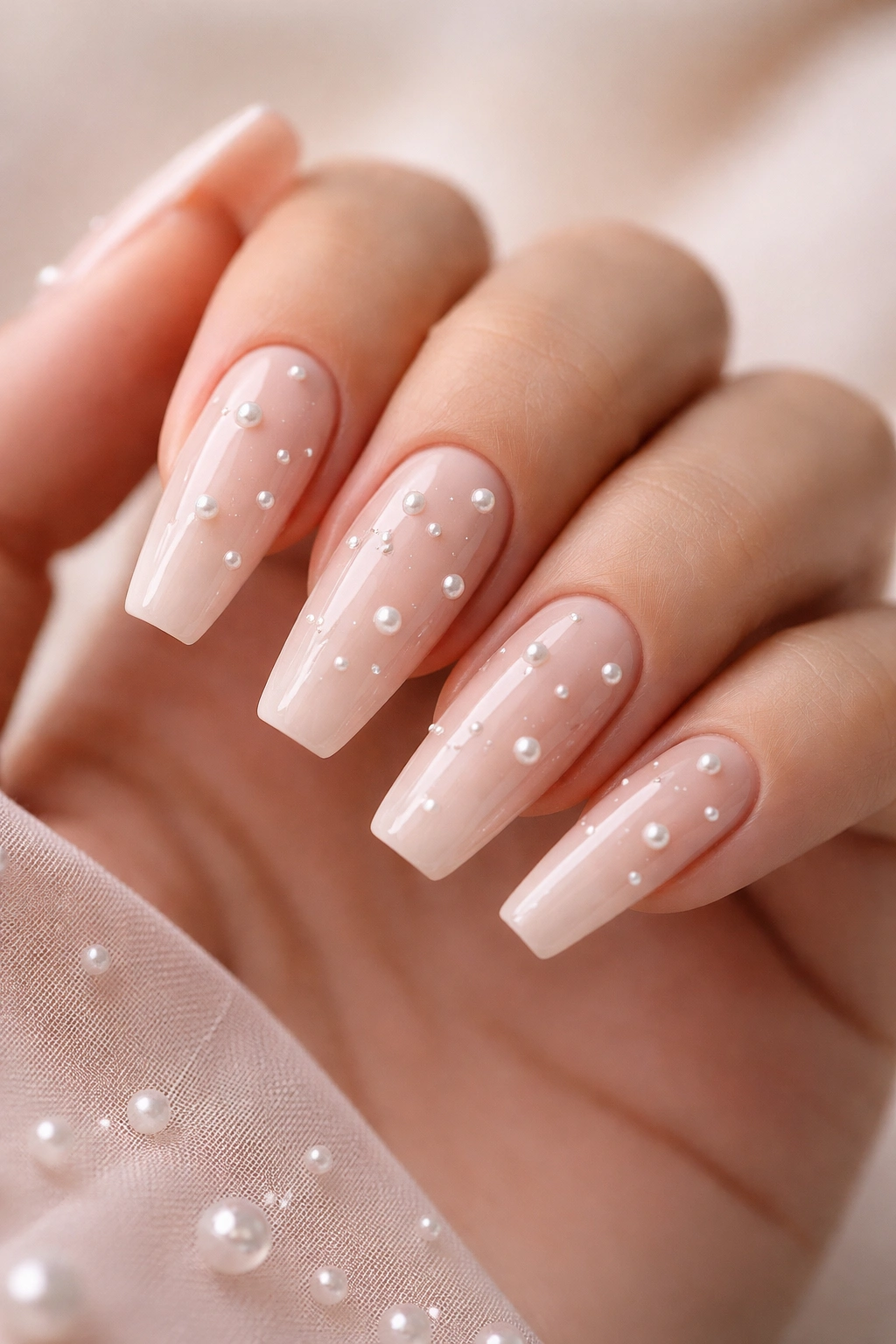 Close-up of nude rose coffin nails with scattered pearl accents for elegant wedding nails