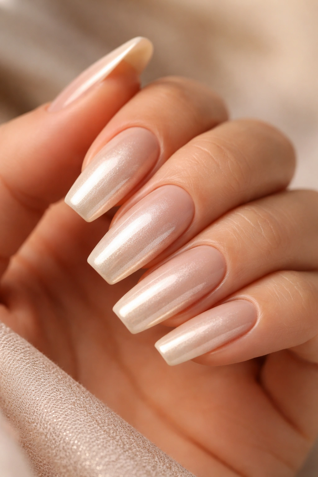 Close-up of nude sand chrome ballerina nails on a hand