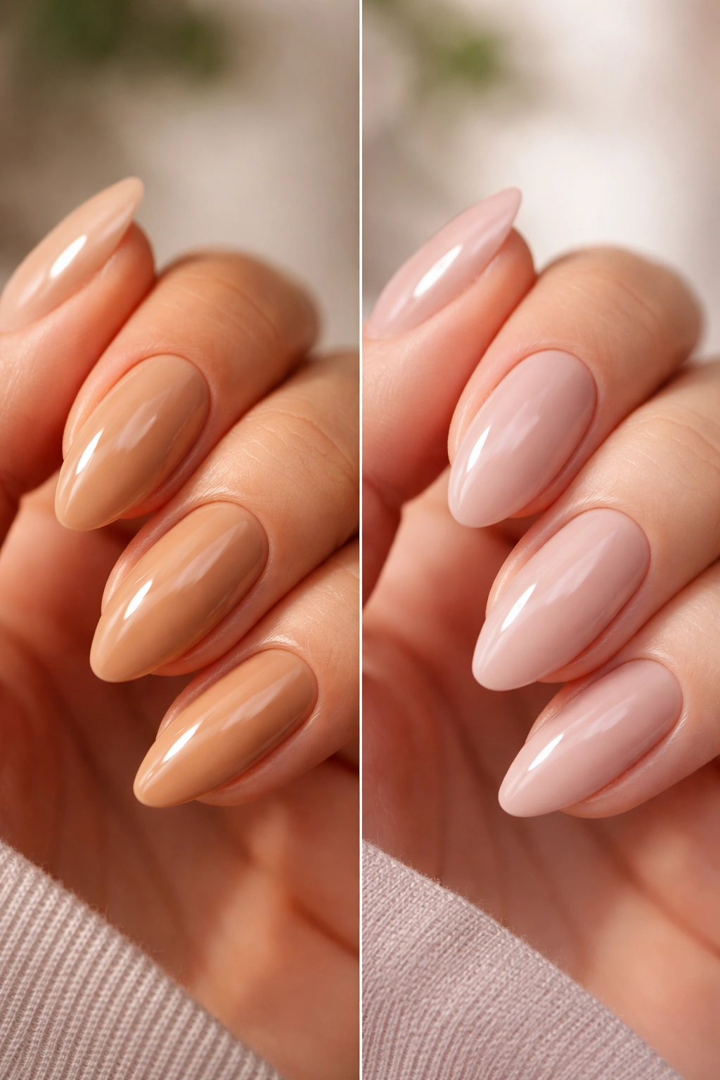 Close-up of almond nail in nude shade matching warm and cool undertones
