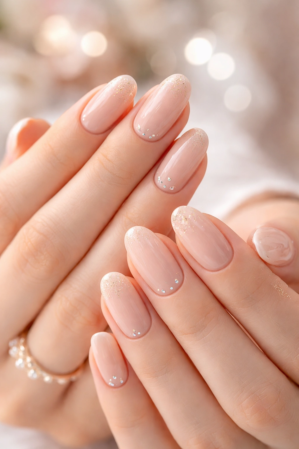 Close-up of nails showing a chic birthday vibe in soft nude with subtle shimmer