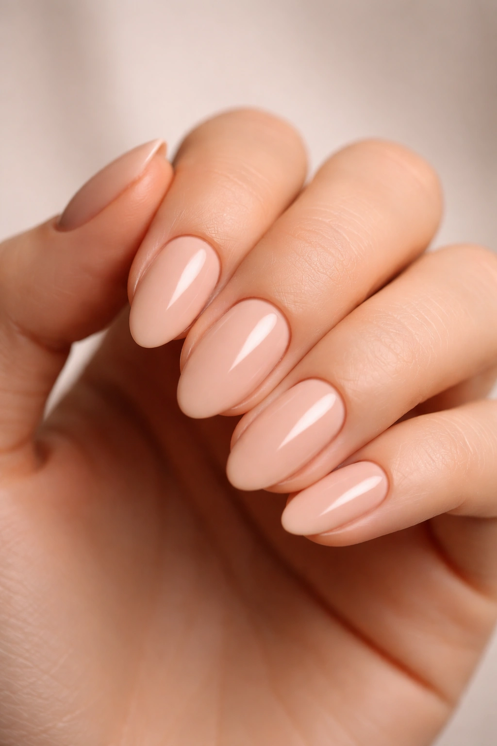Close-up of nude short almond nails on a hand with a glossy finish