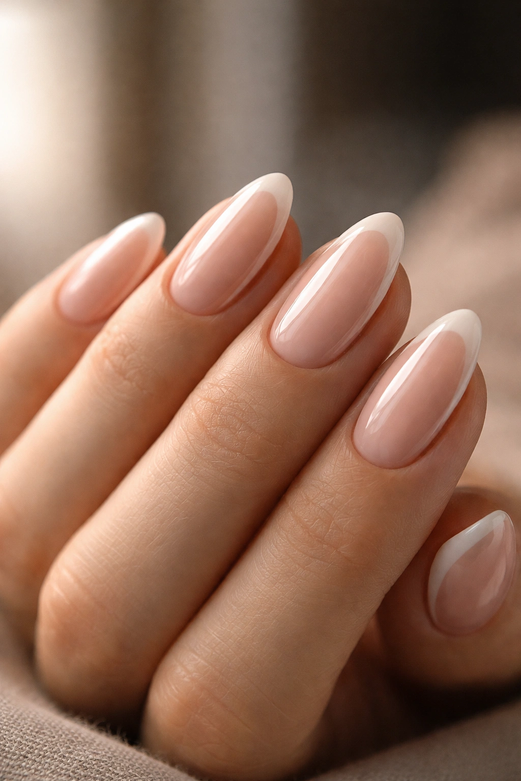 Close-up of nude side French nails on short almond shape