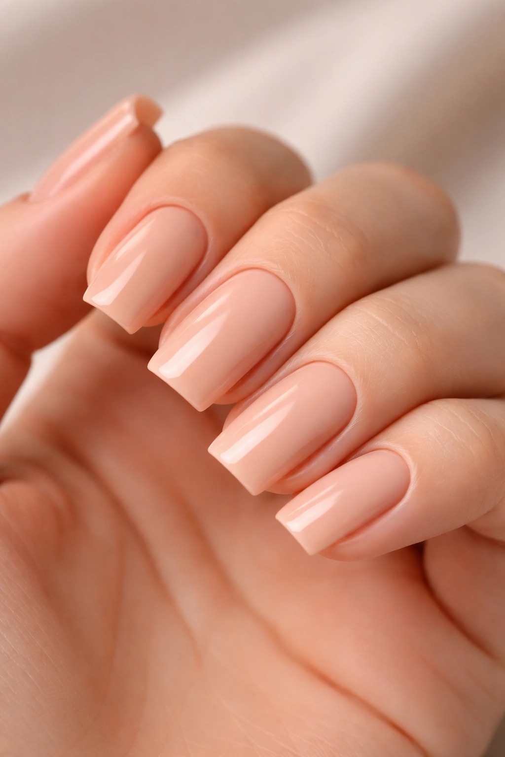 Close-up of nude square nails on a hand with a glossy finish