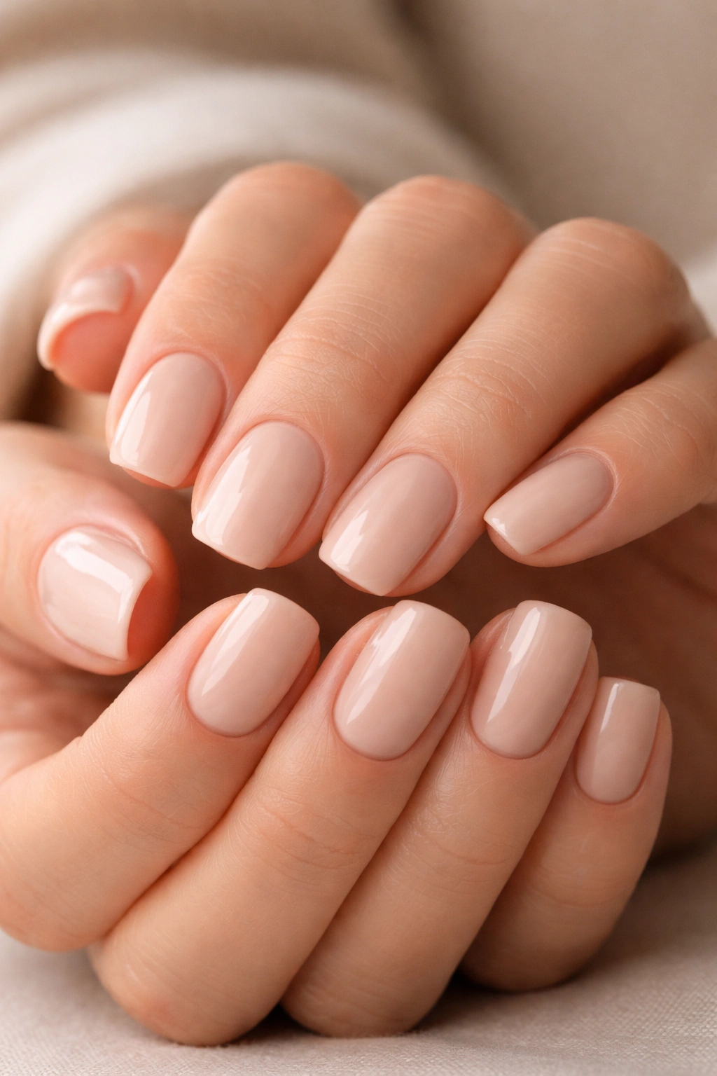 Close-up of hands with creamy nude squoval nails on a neutral background