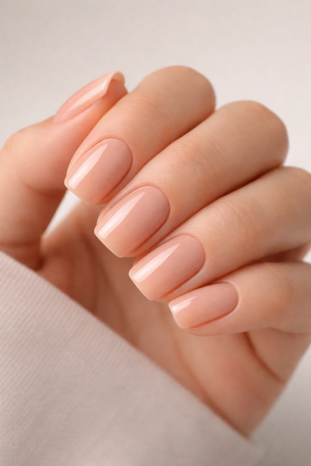 Close-up of nude squoval nails on a hand with warm gel finish