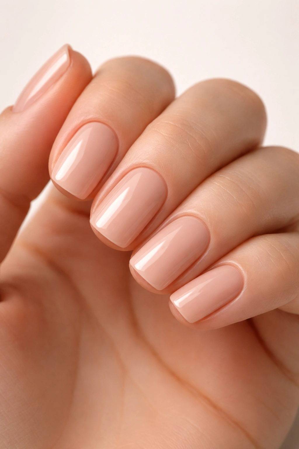 Close-up of short nude squoval nails with glossy finish on a hand