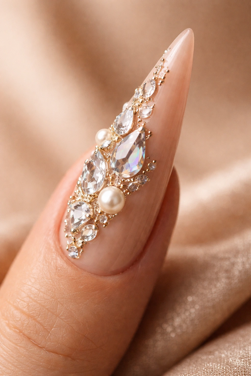 Close-up of nude stiletto nail with raised crystals and pearls on a fingertip
