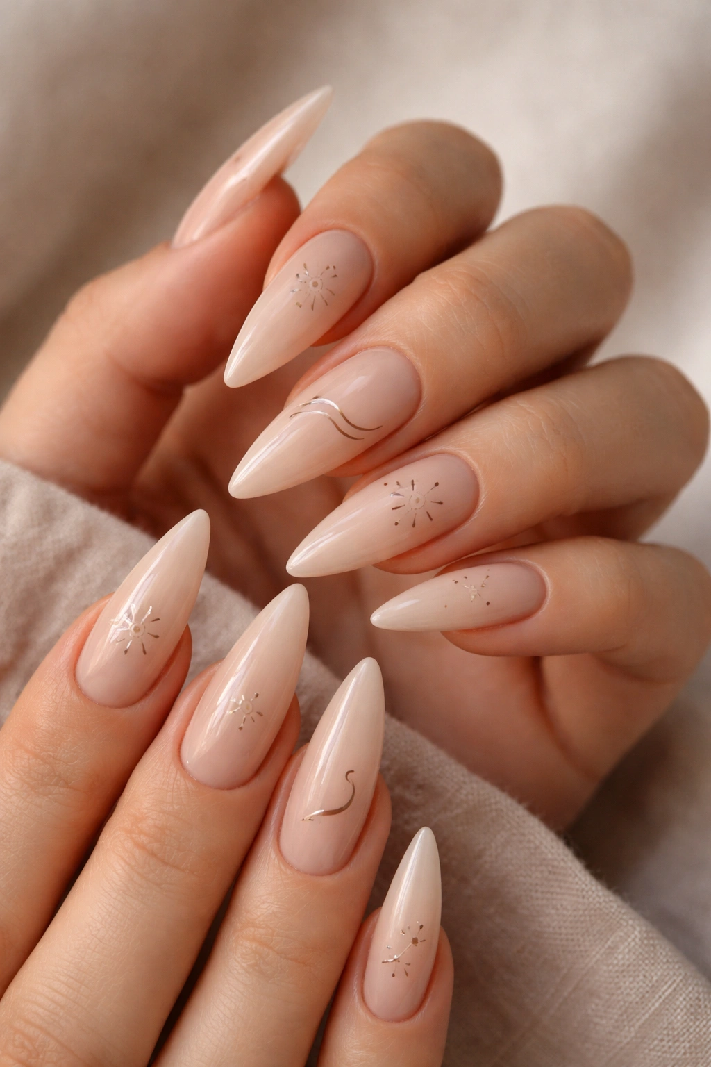 Close-up of nude stiletto nails with tiny hand-drawn minimalist designs