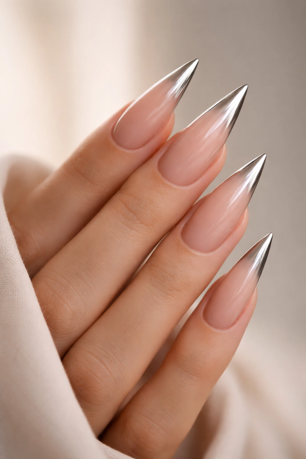 Close-up of nude stiletto nails with beige polish and metallic tips on a hand
