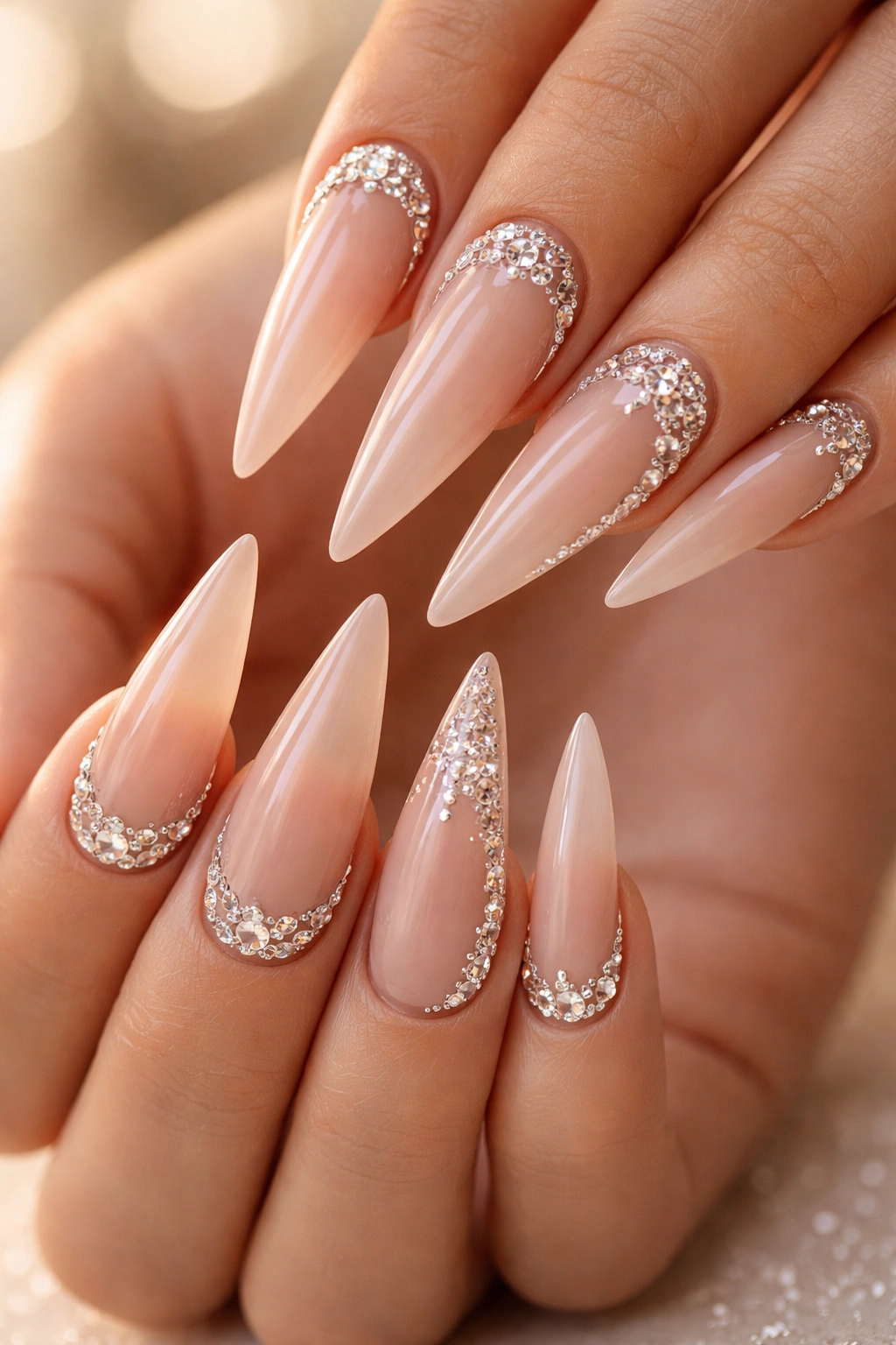 Nude stiletto nails with diamond embellishments