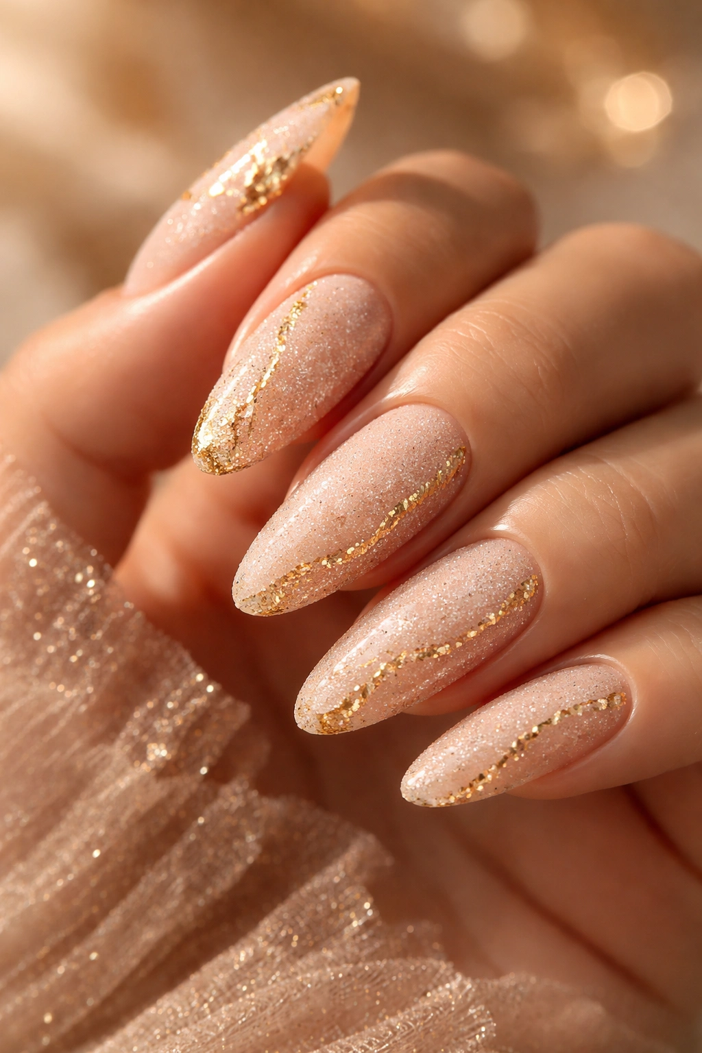 Nude sugar nails with gold accents on long nails