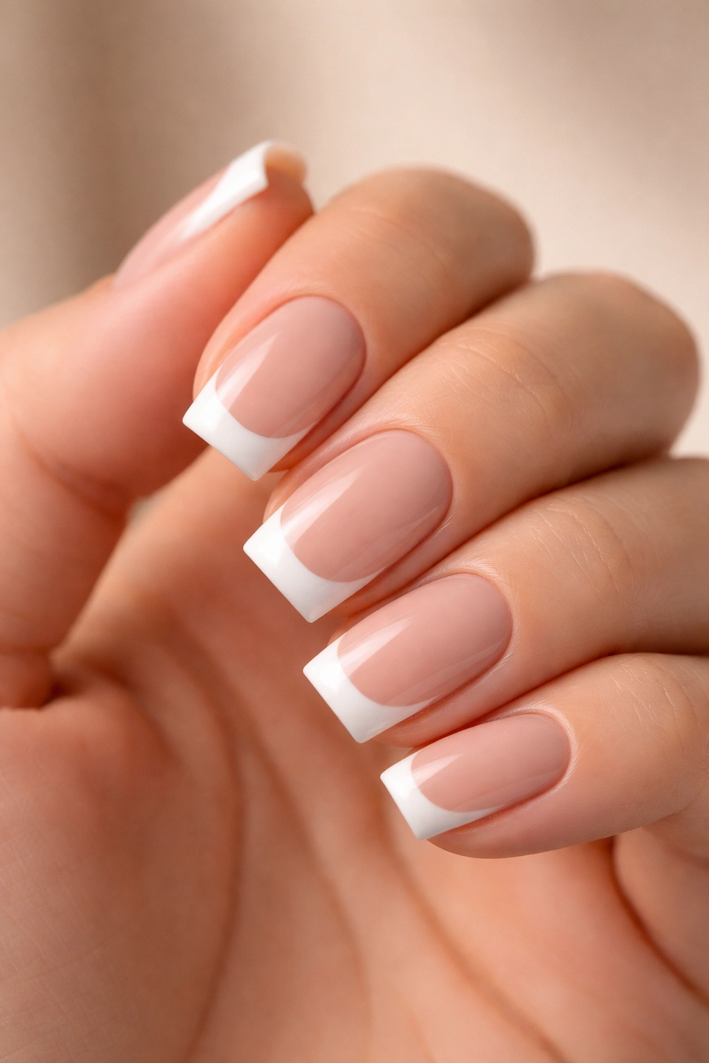 Close-up of nude tan nails with sculpted white tip on short squoval nails