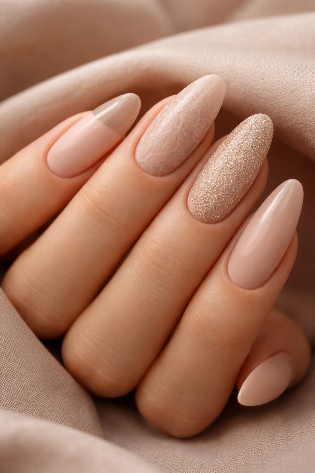 Close-up of nude-toned nails with matte and glossy texture contrasts on long oval nails.