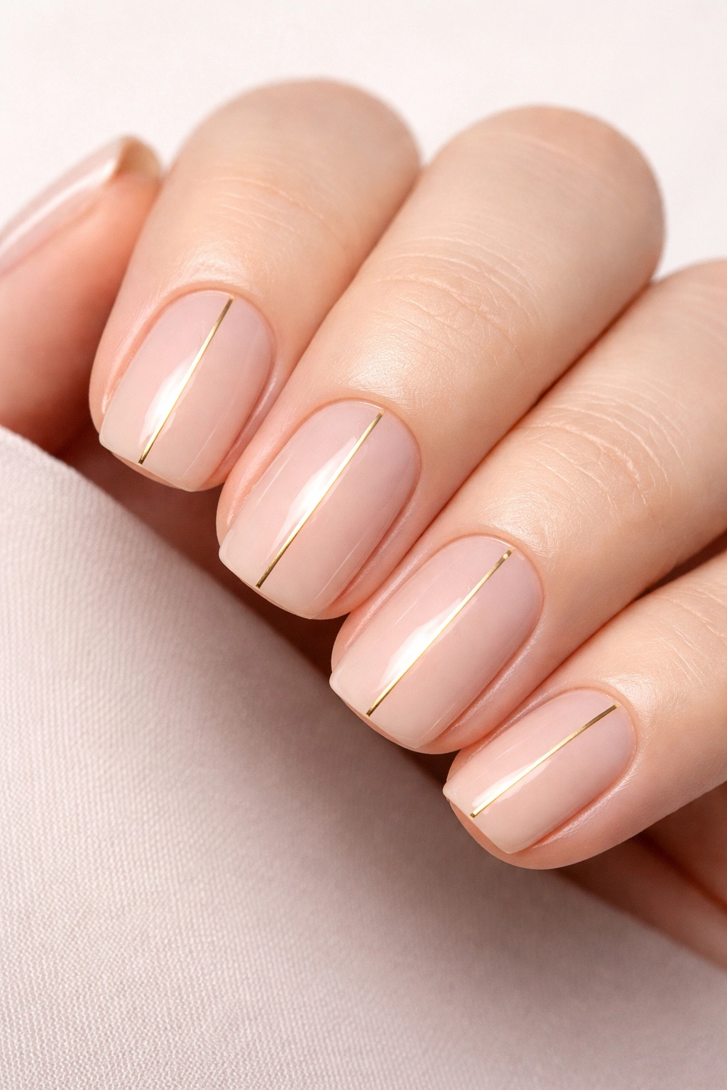 Close-up of short squoval nails with nude base and a thin gold line down the center.
