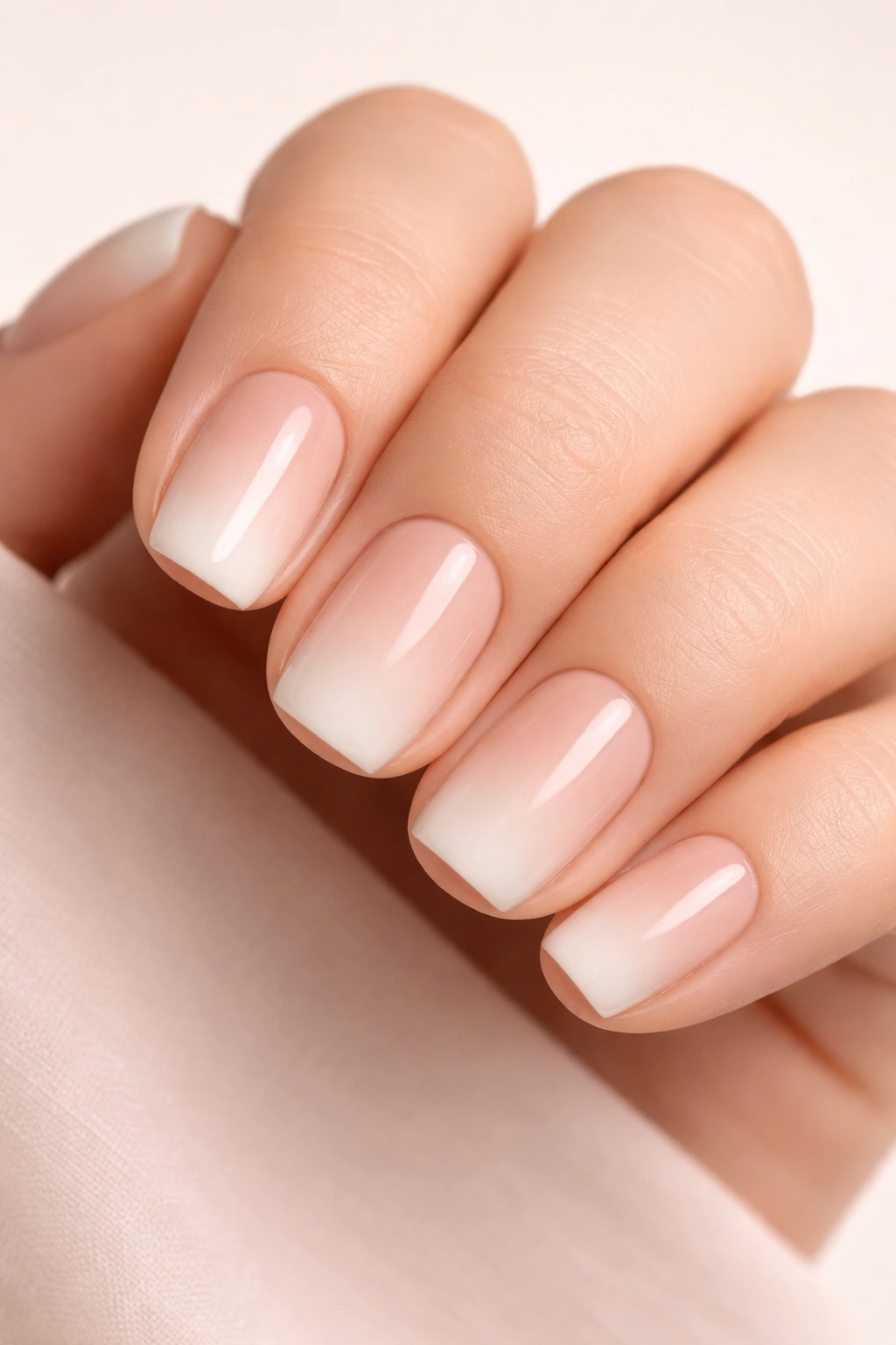 Close-up of short squoval nails with nude to white soft gradient