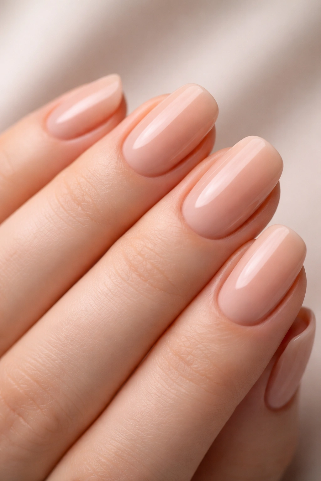 Close-up of nude nails matching cool undertones on a hand with soft lighting