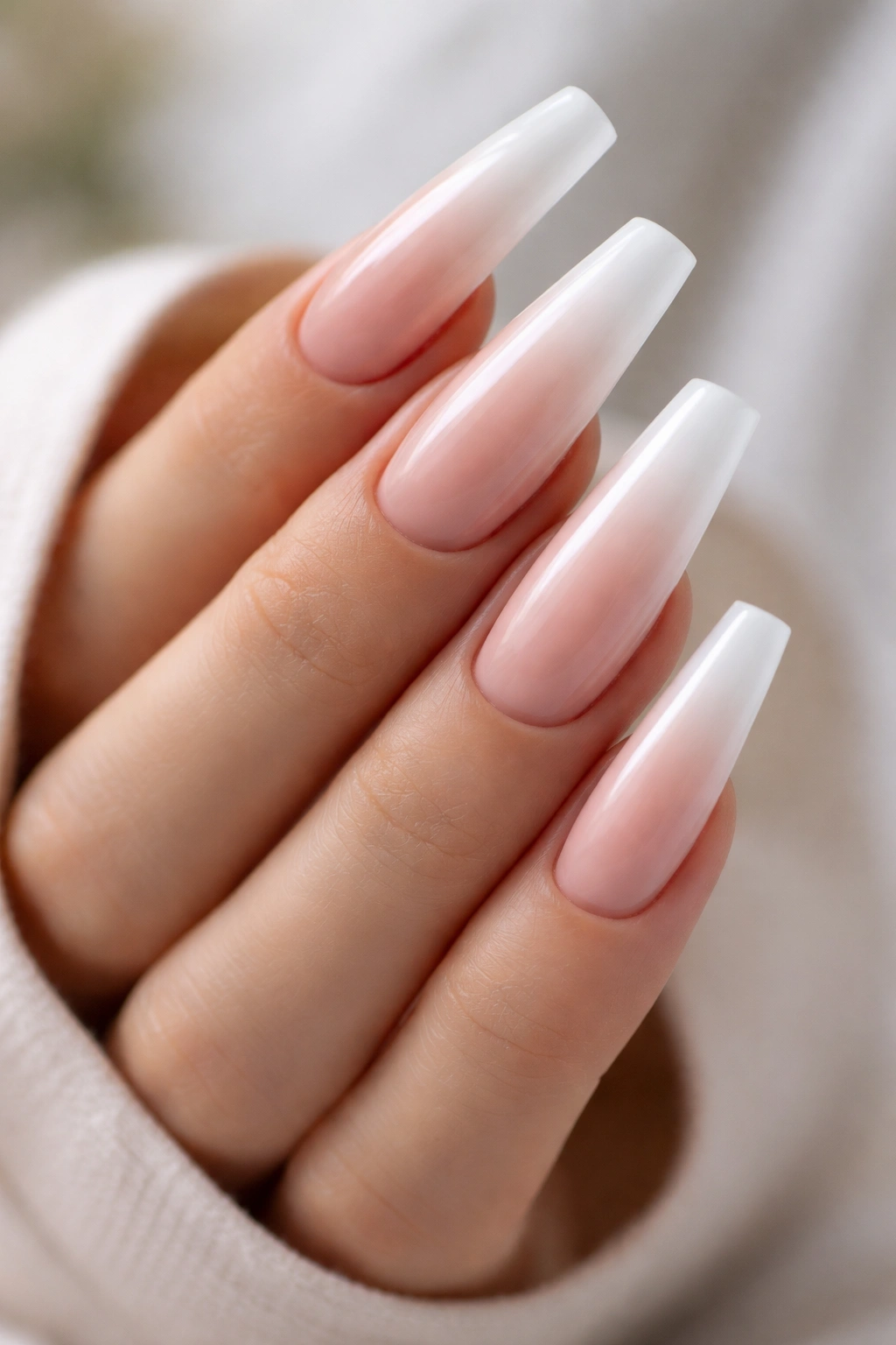 Nude-to-white French fade on long coffin nails with soft gradient