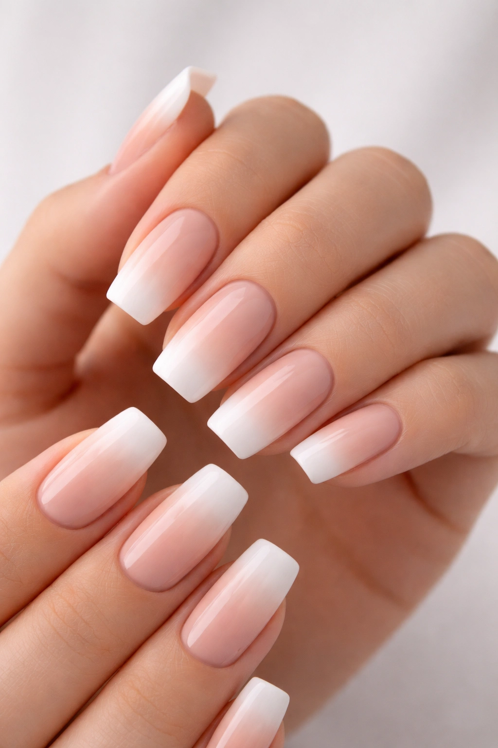 Close-up of nude-to-white gradient on soft-square nails with neutral lighting