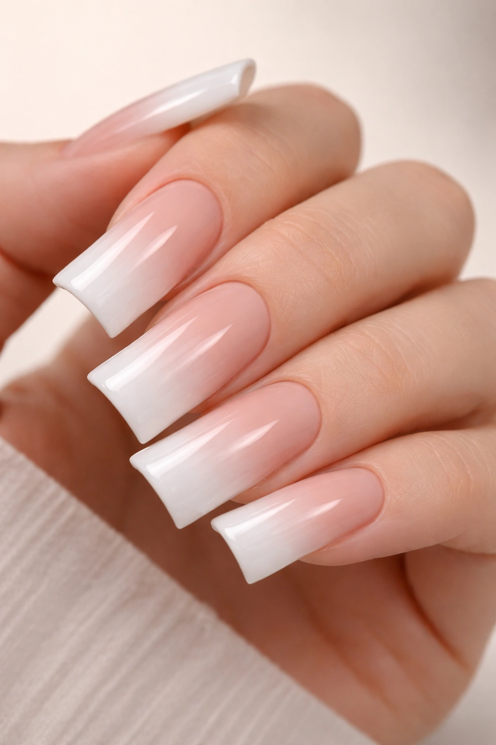 Close-up of nude-to-white gradient duck nails