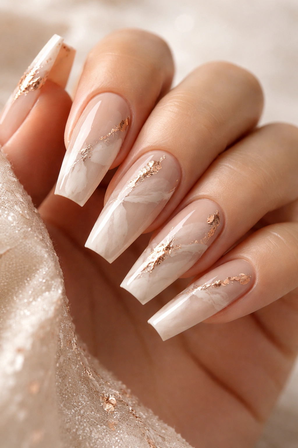 Nude nails with white marble veining and rose gold flakes