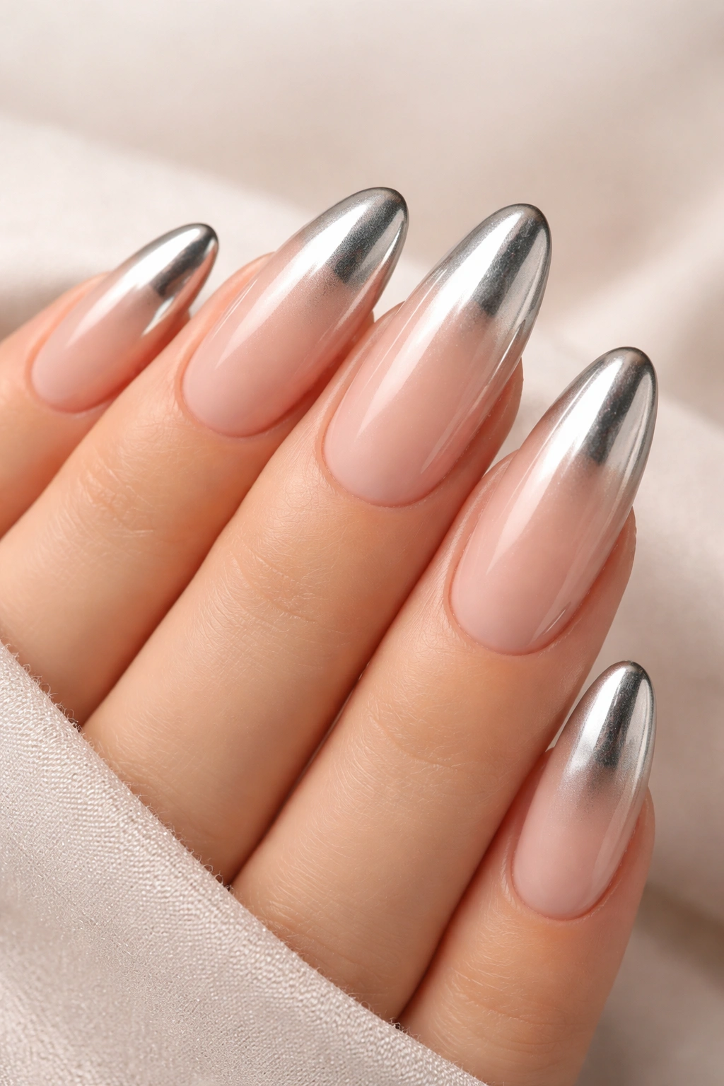 Nude to chrome gradient on long oval nails with chrome tips