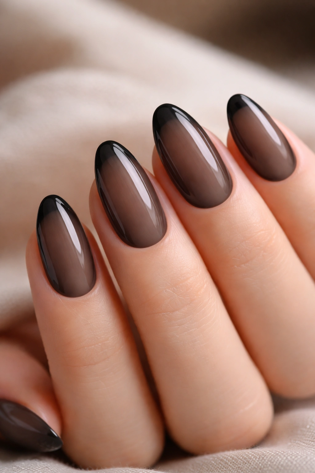 Close-up of nails with sheer black nylon-tights style polish