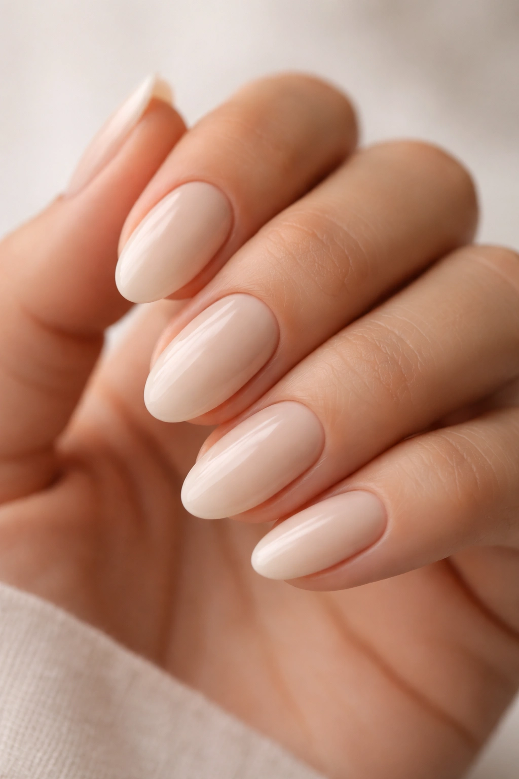 Close-up of oat milk beige almond nails on a hand