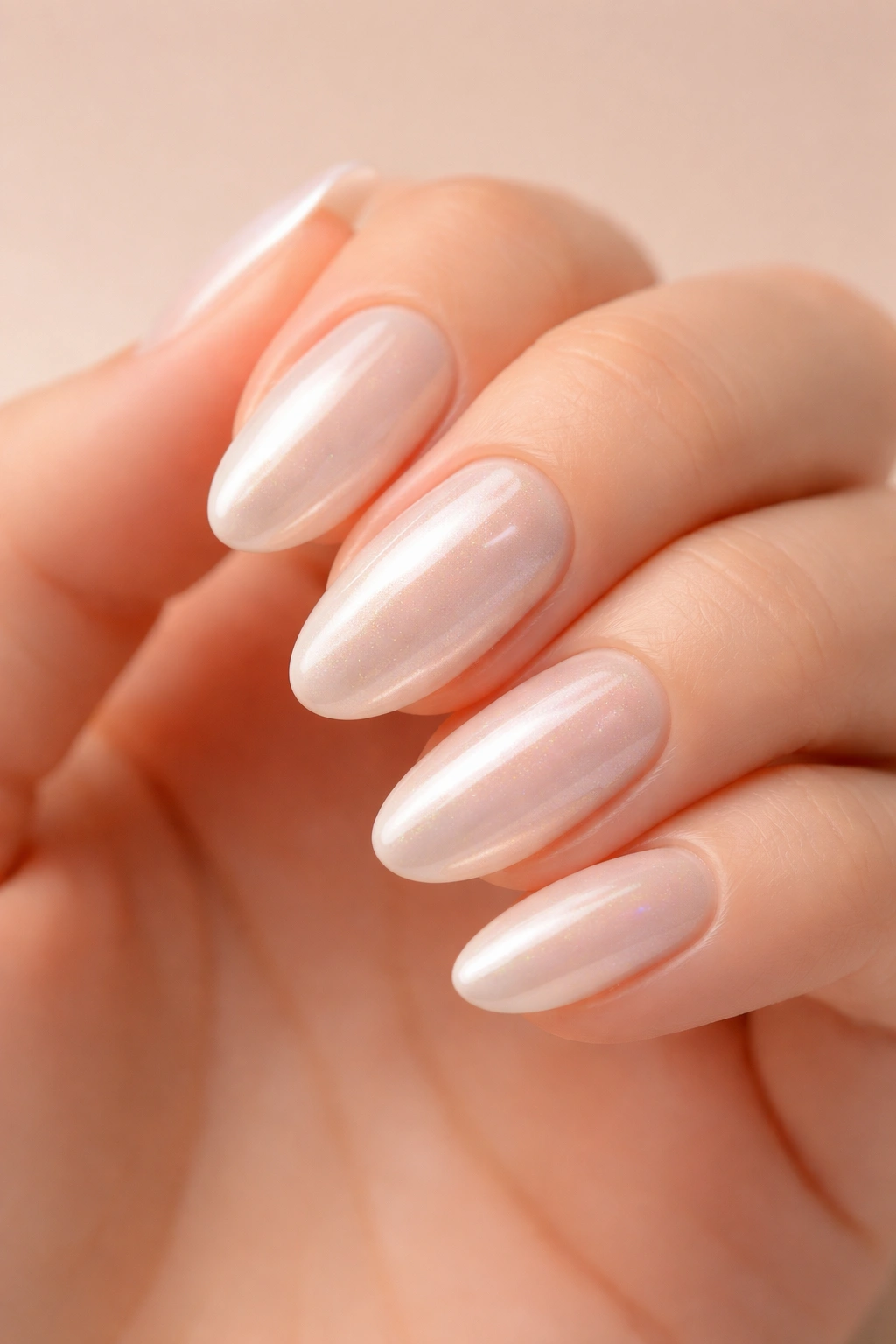 Nails with creamy oat-milk glaze and chrome shimmer