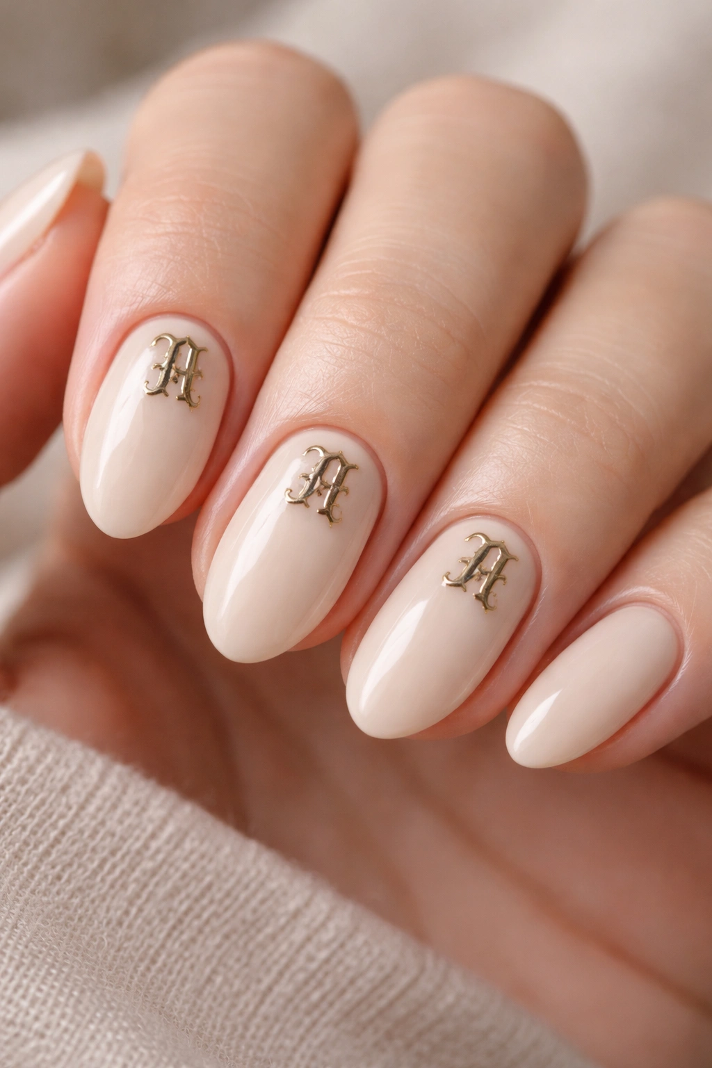 Close-up of short almond nails with oat milk beige base and ornamental initial silhouette