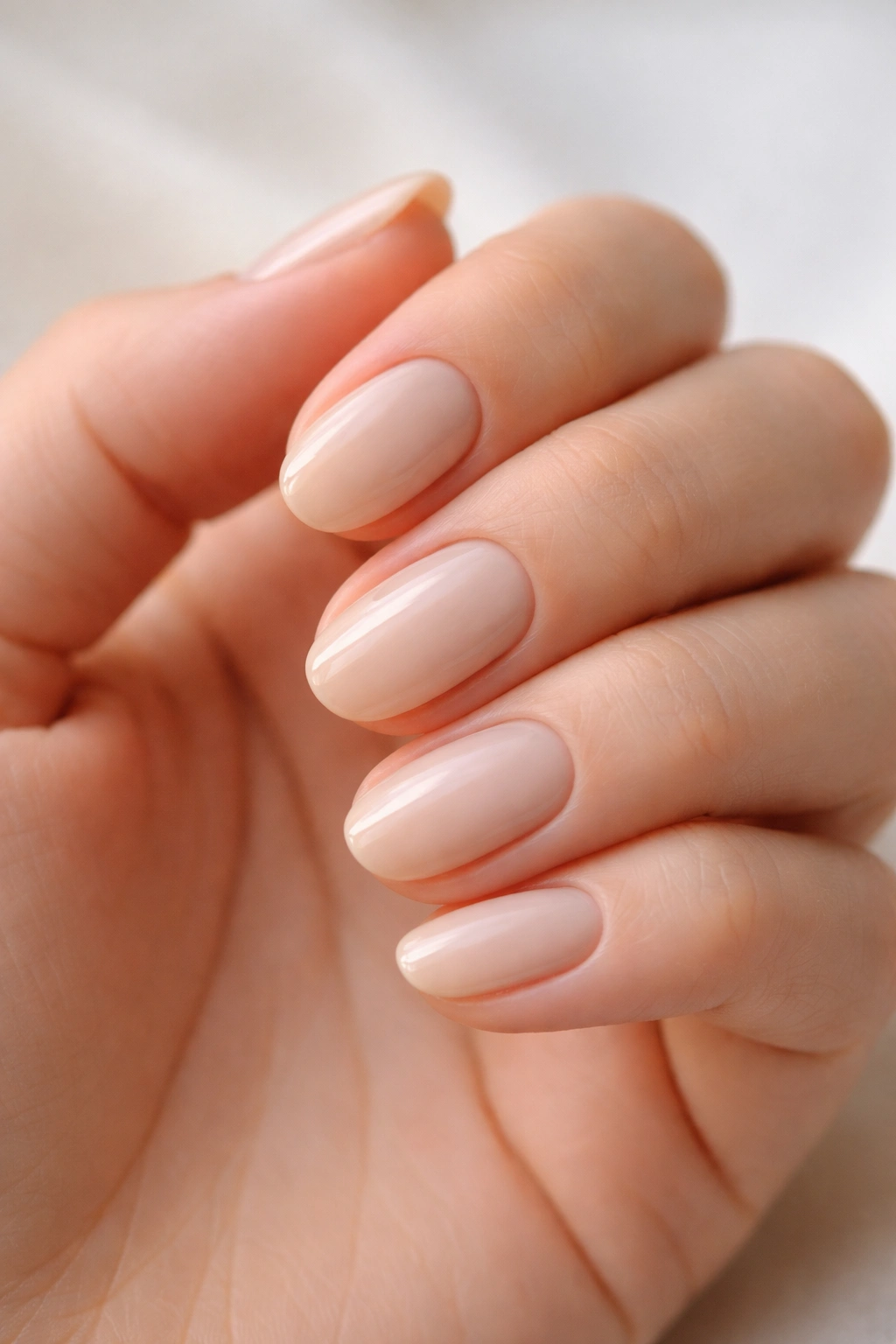 Close-up of short oval nails in oat milk nude shade with milky beige finish