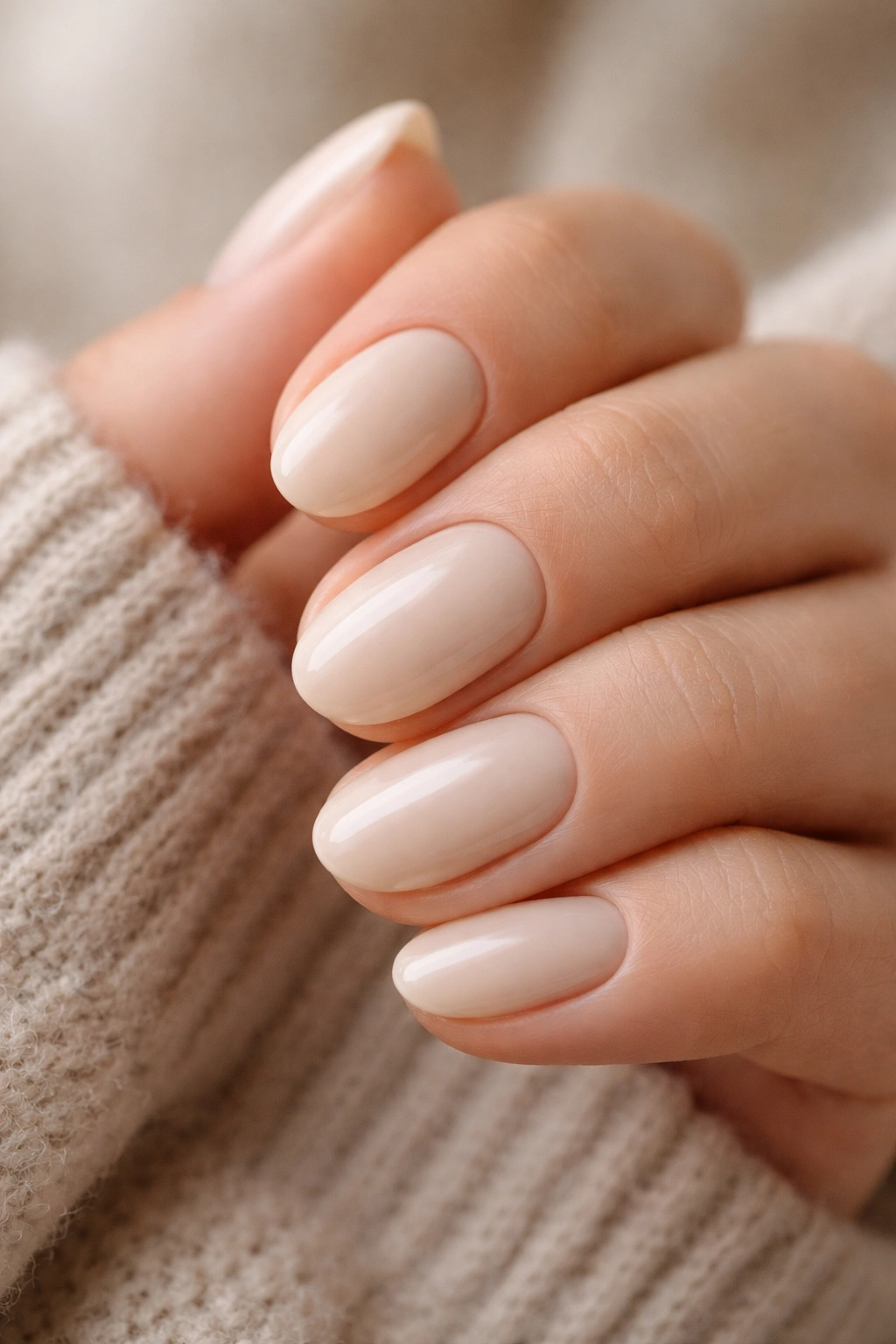 Close-up of short oat milk oval nails with a creamy base and subtle shine