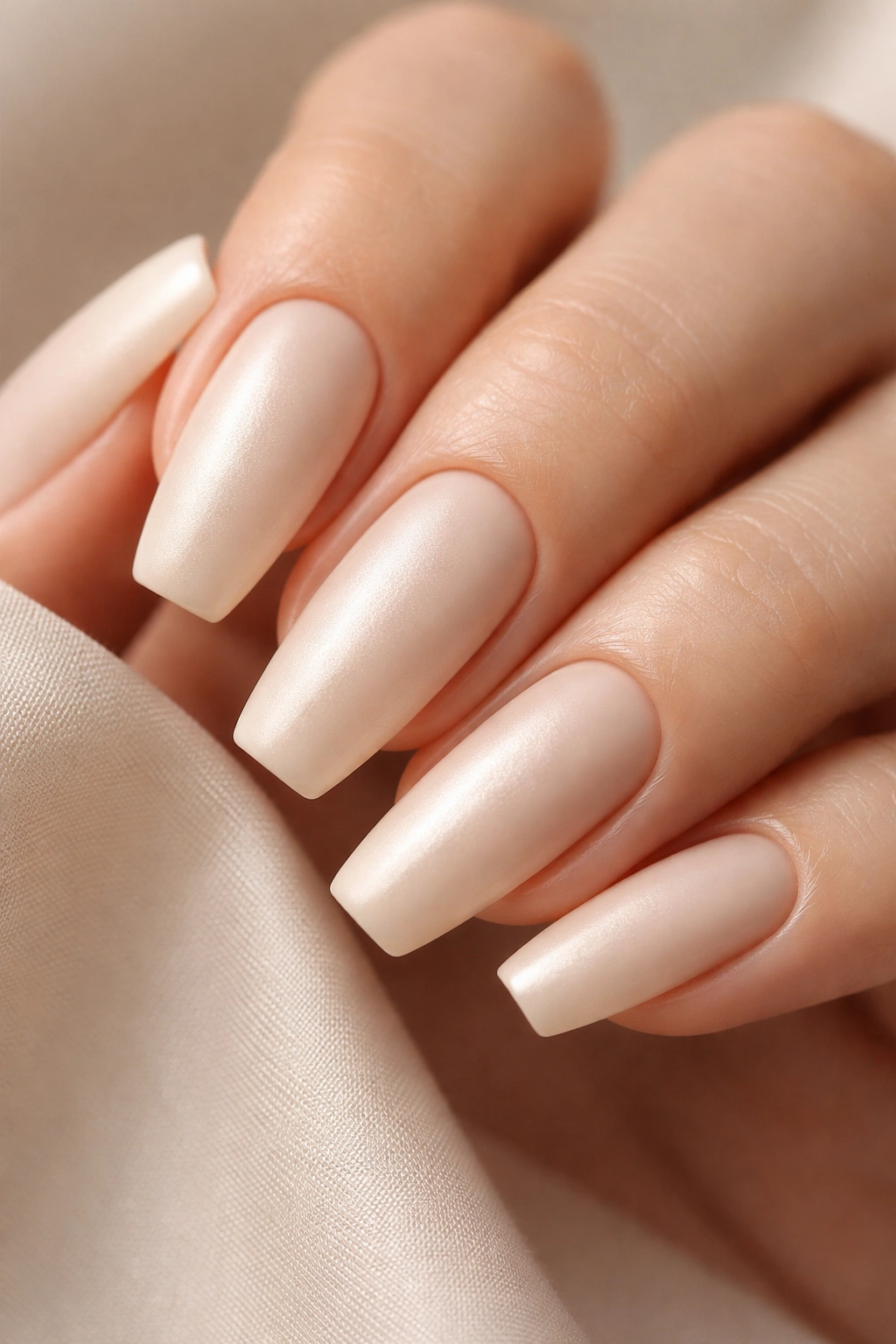 Oatmeal satin nails with soft surface glow on ballerina nails